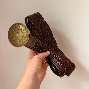 By & Co Brown Leather Woven Belt with Gold Buckle